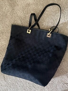 Gucci Black Monogram Tote with Gold Accents